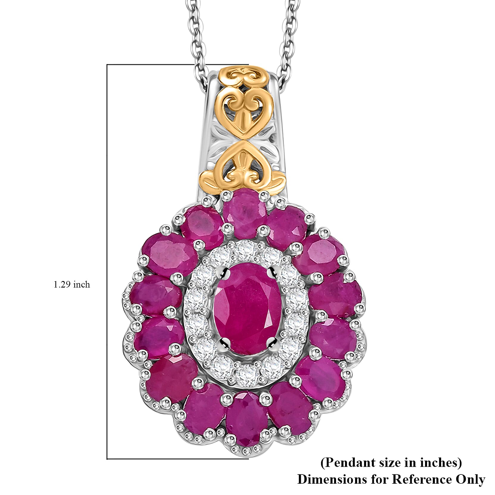 Premium Royal Ruby and White Zircon 5.00 ctw Floret Pendant Necklace in 18K Vermeil YG and Rhodium Sterling Silver 20 Inches