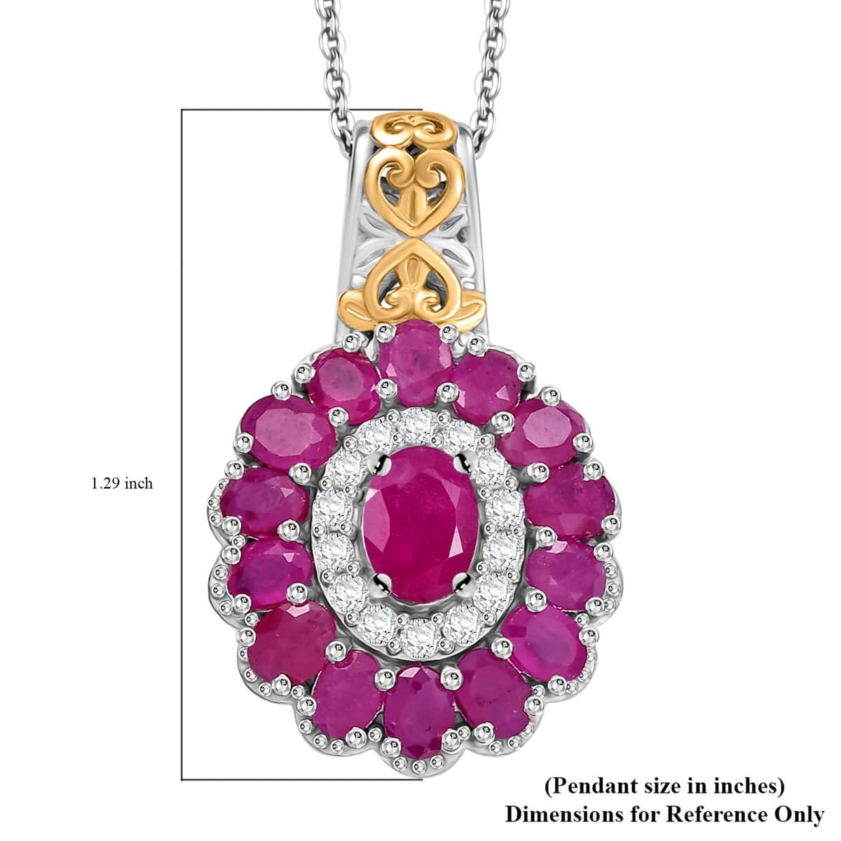 Royal Ruby and White Zircon 5.00 ctw Floret Pendant Necklace in 18K Vermil YG and Rhodium Sterling Silver 20 Inches image number 6