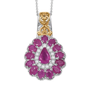 Premium Royal Ruby and White Zircon 4.40 ctw Floret Pendant Necklace in 18K Vermeil YG and Rhodium Sterling Silver 20 Inches