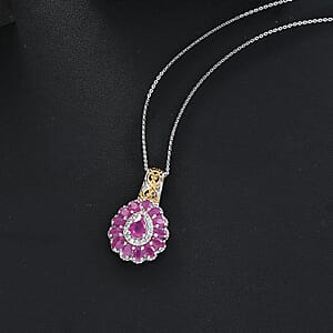 Premium Royal Ruby and White Zircon 4.40 ctw Floret Pendant Necklace in 18K Vermeil YG and Rhodium Sterling Silver 20 Inches