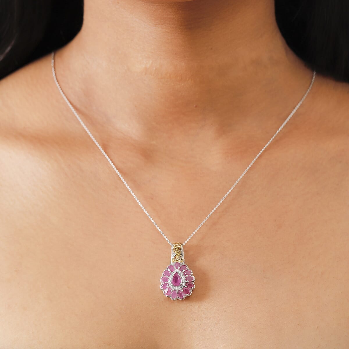 Premium Royal Ruby and White Zircon 4.40 ctw Floret Pendant Necklace in 18K Vermeil YG and Rhodium Sterling Silver 20 Inches image number 2