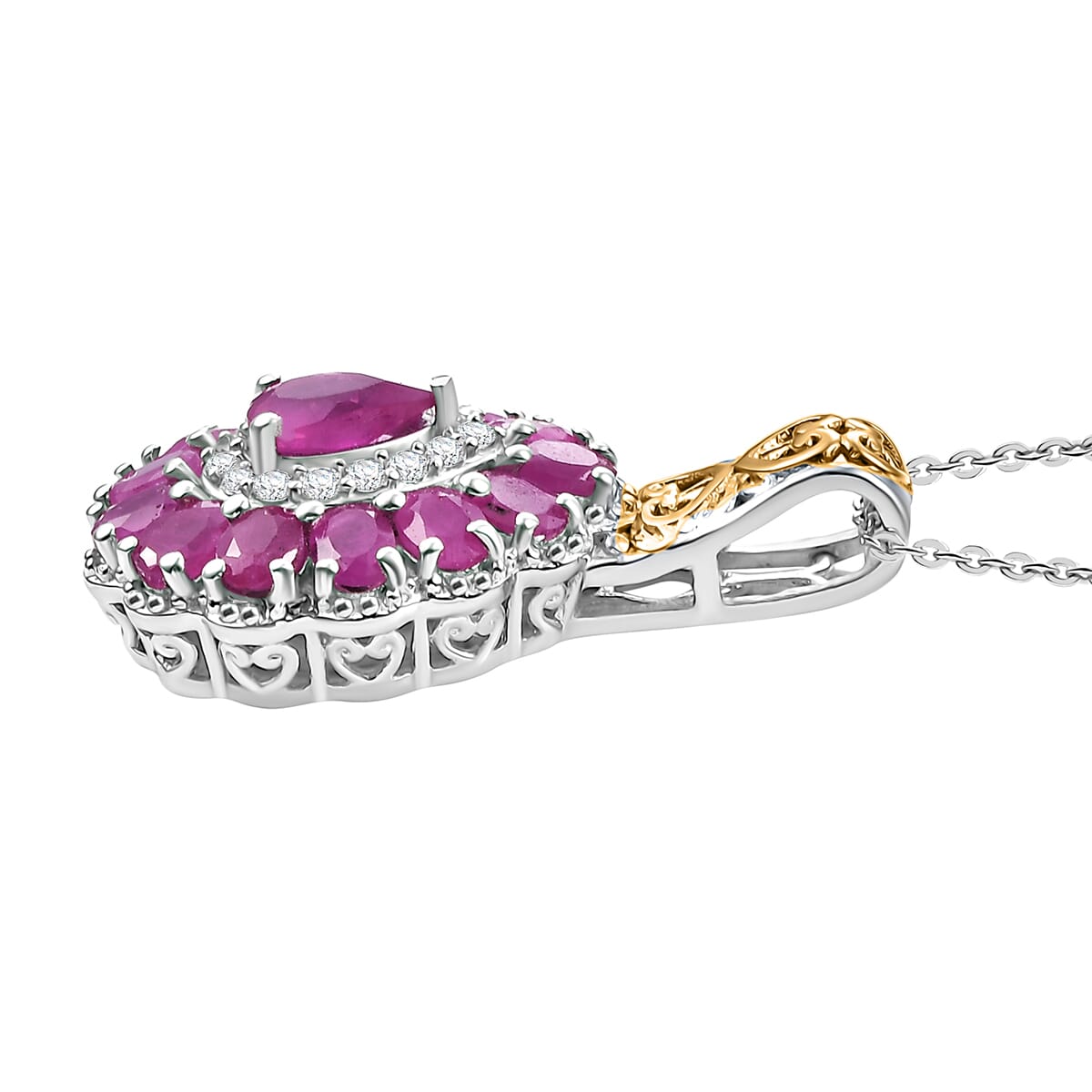 Premium Royal Ruby and White Zircon 4.40 ctw Floret Pendant Necklace in 18K Vermeil YG and Rhodium Sterling Silver 20 Inches image number 3