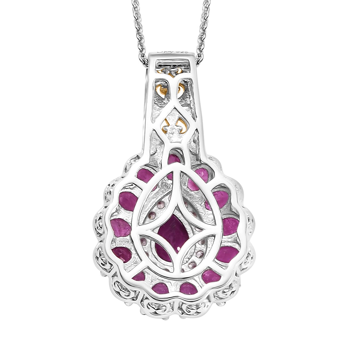 Premium Royal Ruby and White Zircon 4.40 ctw Floret Pendant Necklace in 18K Vermeil YG and Rhodium Sterling Silver 20 Inches image number 4