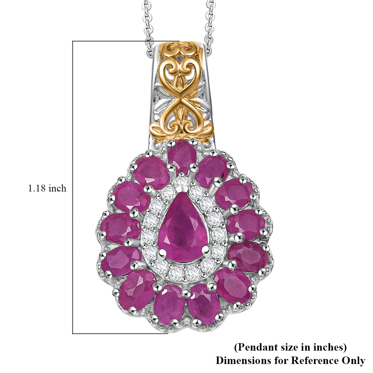 Premium Royal Ruby and White Zircon 4.40 ctw Floret Pendant Necklace in 18K Vermeil YG and Rhodium Sterling Silver 20 Inches image number 5