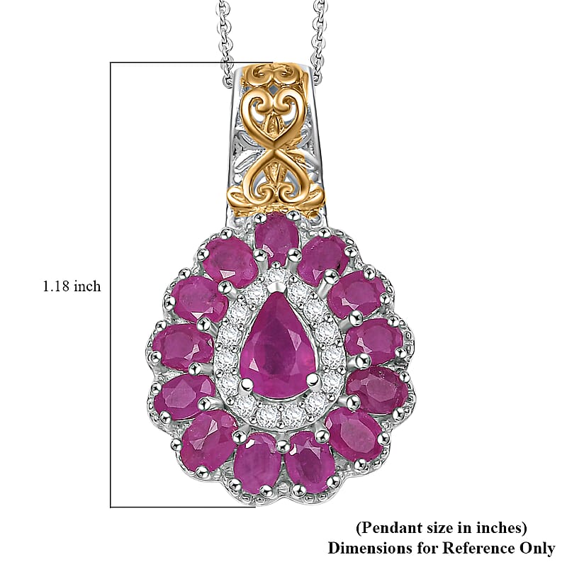 Premium Royal Ruby and White Zircon 4.40 ctw Floret Pendant Necklace in 18K Vermeil YG and Rhodium Sterling Silver 20 Inches