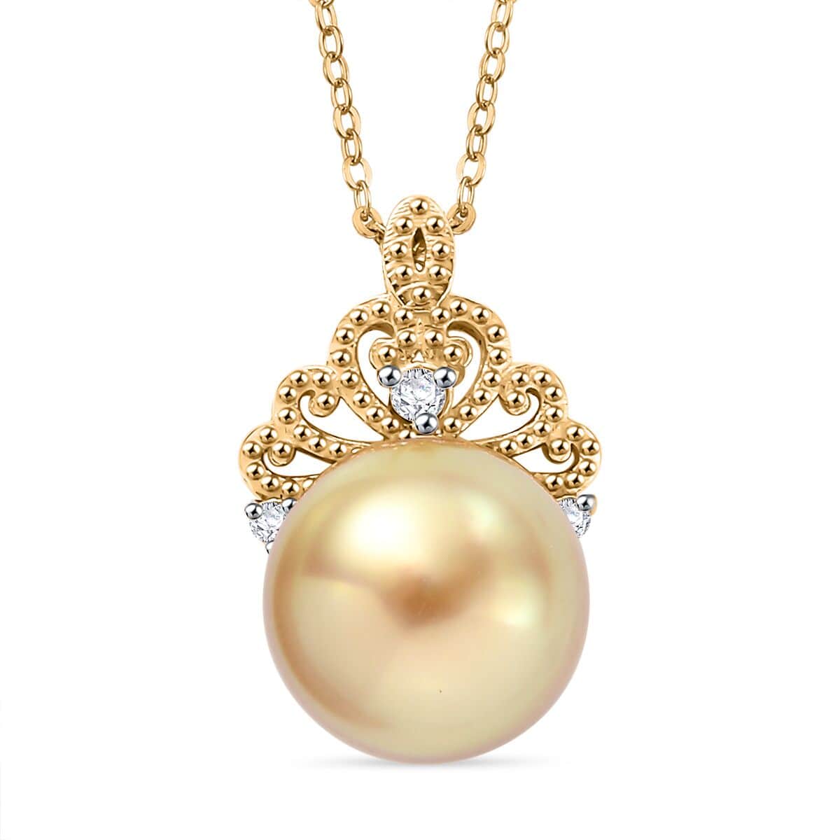 South Sea Golden Cultured Pearl 9-11mm and Diamond 0.06 ctw Crown Pendant Necklace in 18K Vermeil Yellow Gold Over Sterling Silver 20 Inches image number 0