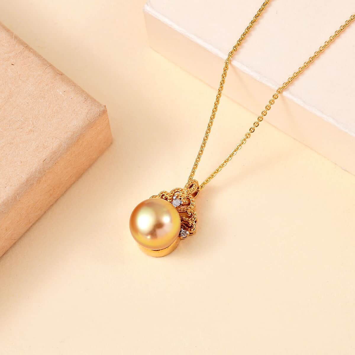 South Sea Golden Cultured Pearl 9-11mm and Diamond 0.06 ctw Crown Pendant Necklace in 18K Vermeil Yellow Gold Over Sterling Silver 20 Inches image number 1