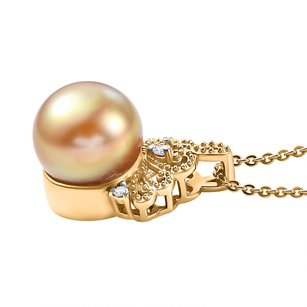 South Sea Golden Cultured Pearl 9-11mm and Diamond 0.06 ctw Crown Pendant Necklace in 18K Vermeil Yellow Gold Over Sterling Silver 20 Inches image number 3