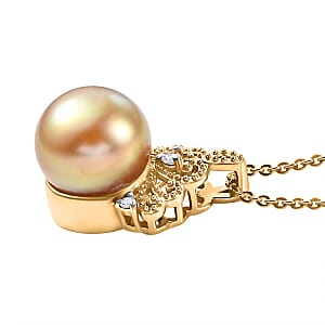 South Sea Golden Cultured Pearl 9-11mm and Diamond 0.06 ctw Crown Pendant Necklace in 18K Vermeil Yellow Gold Over Sterling Silver 20 Inches