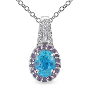 Cambodian Blue Zircon and Multi Gemstone 2.30 ctw Ocean Bloom Pendant Necklace in Rhodium Over Sterling Silver 20 Inches