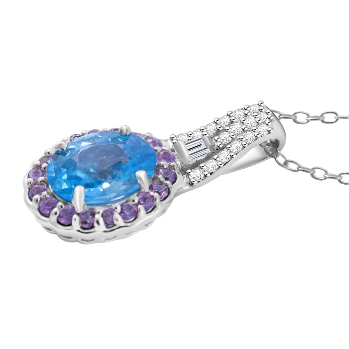 Cambodian Blue Zircon and Multi Gemstone 2.30 ctw Ocean Bloom Pendant Necklace in Rhodium Over Sterling Silver 20 Inches image number 2