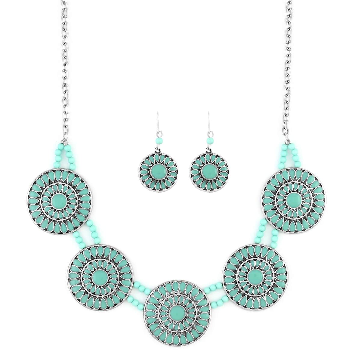 Turquoise 0.40 ctw Statement Enameled Necklace and Earrings in Silvertone 18 Inches image number 0