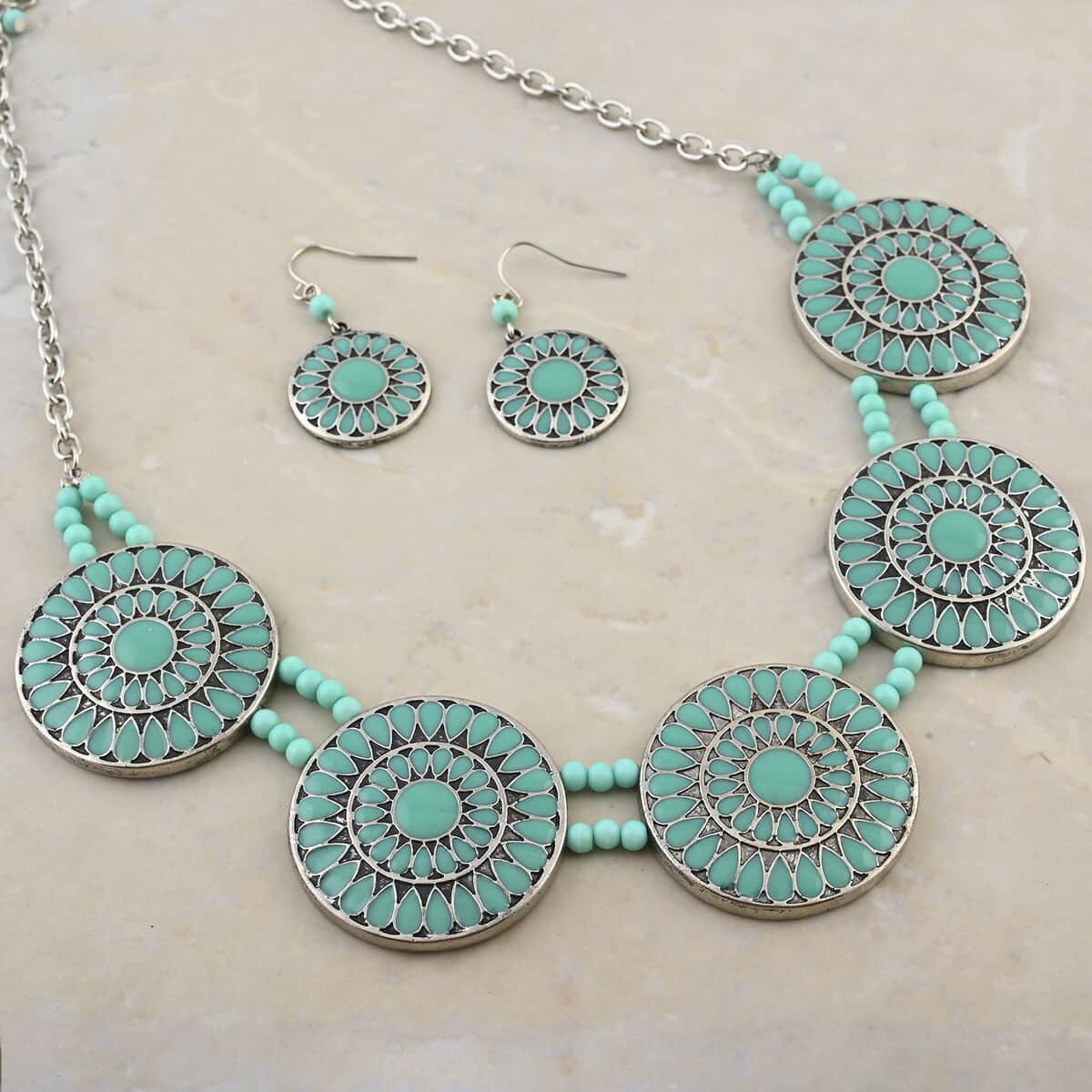 Turquoise 0.40 ctw Statement Enameled Necklace and Earrings in Silvertone 18 Inches image number 1