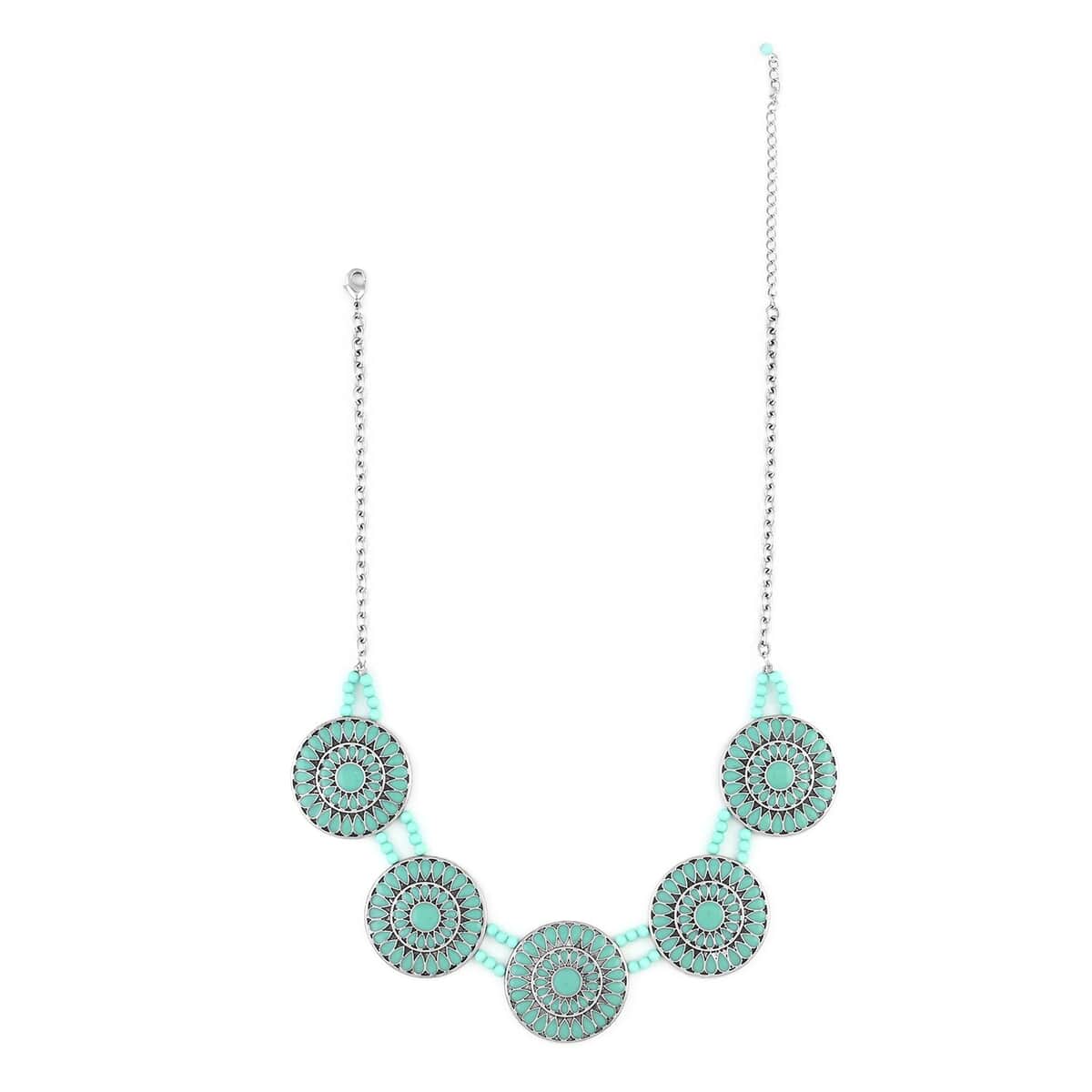 Turquoise 0.40 ctw Statement Enameled Necklace and Earrings in Silvertone 18 Inches image number 2