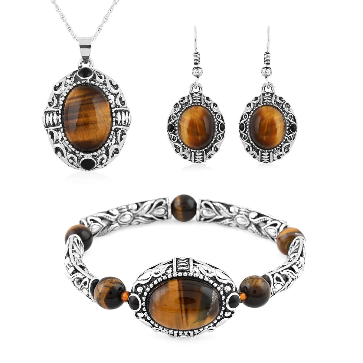 Tiger Eye and Black Obsidian 70.80 ctw Strechable Bracelet, Earrings, Pendant Necklace in Silvertone 18 Inches image number 0