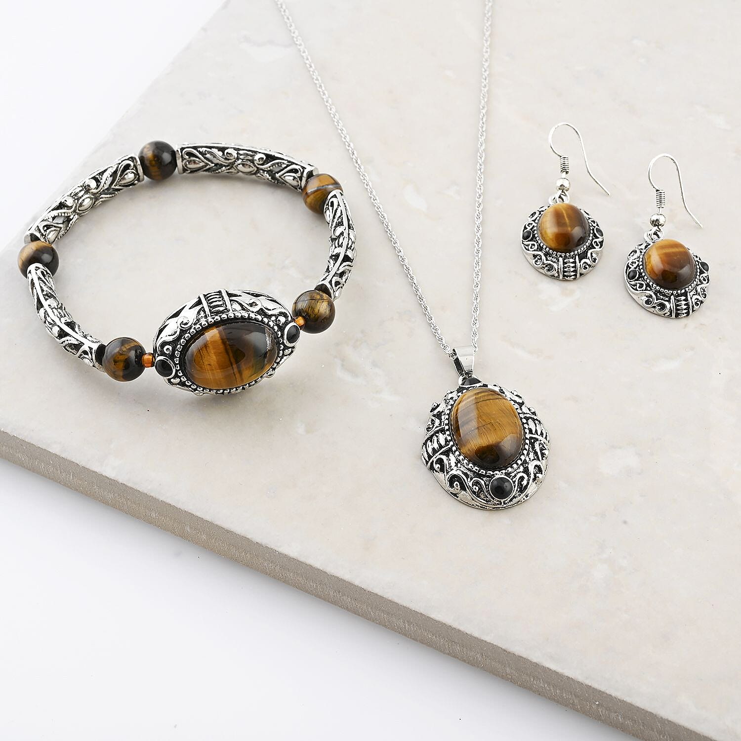 Tiger Eye and Black Obsidian 70.80 ctw Strechable Bracelet, Earrings, Pendant Necklace in Silvertone 18 Inches