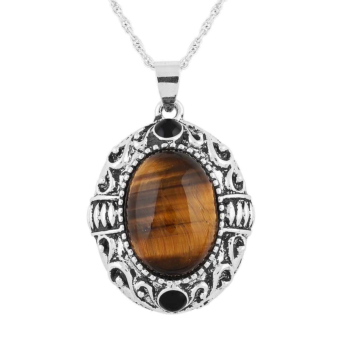 Tiger Eye and Black Obsidian 70.80 ctw Strechable Bracelet, Earrings, Pendant Necklace in Silvertone 18 Inches