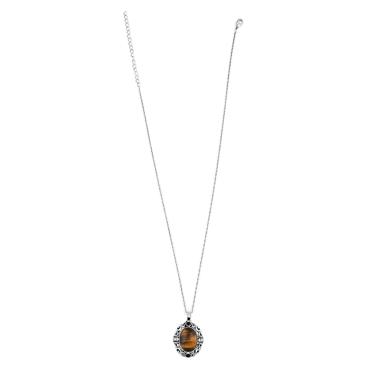 Tiger Eye and Black Obsidian 70.80 ctw Strechable Bracelet, Earrings, Pendant Necklace in Silvertone 18 Inches