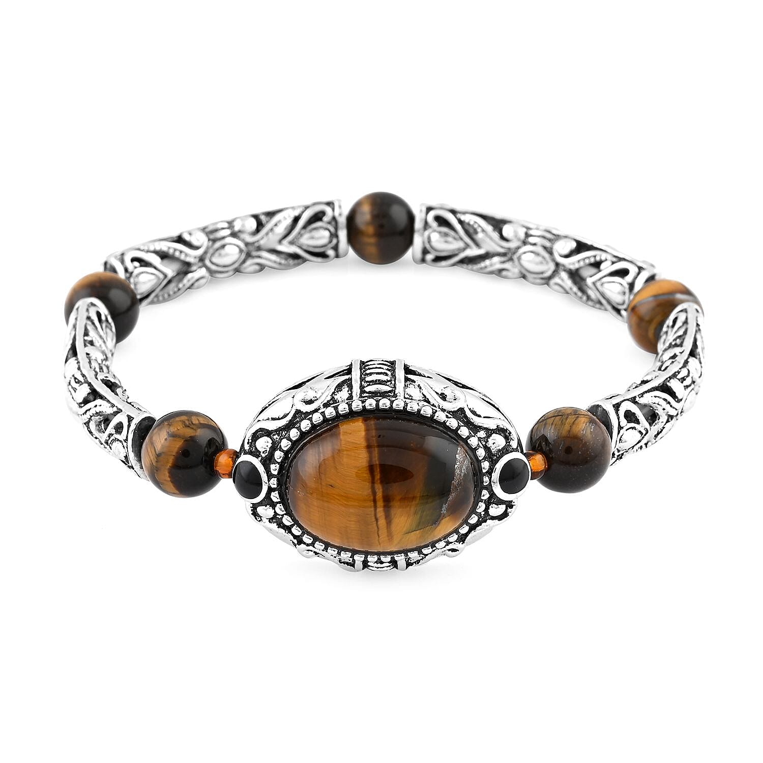 Tiger Eye and Black Obsidian 70.80 ctw Strechable Bracelet, Earrings, Pendant Necklace in Silvertone 18 Inches
