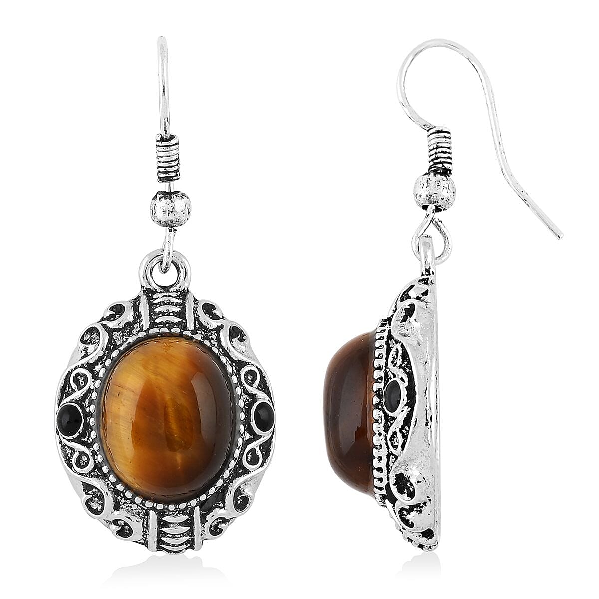 Tiger Eye and Black Obsidian 70.80 ctw Strechable Bracelet, Earrings, Pendant Necklace in Silvertone 18 Inches