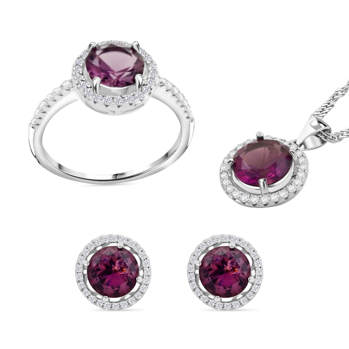 Amethyst and Simulated Diamond 9.00 ctw Ring (Size 10.0), Earrings, Pendant Necklace in Silvertone 18 Inches image number 0