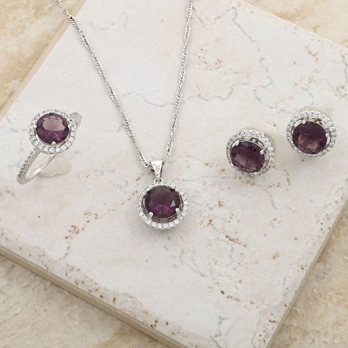 Amethyst and Simulated Diamond 9.00 ctw Ring (Size 10.0), Earrings, Pendant Necklace in Silvertone 18 Inches image number 1