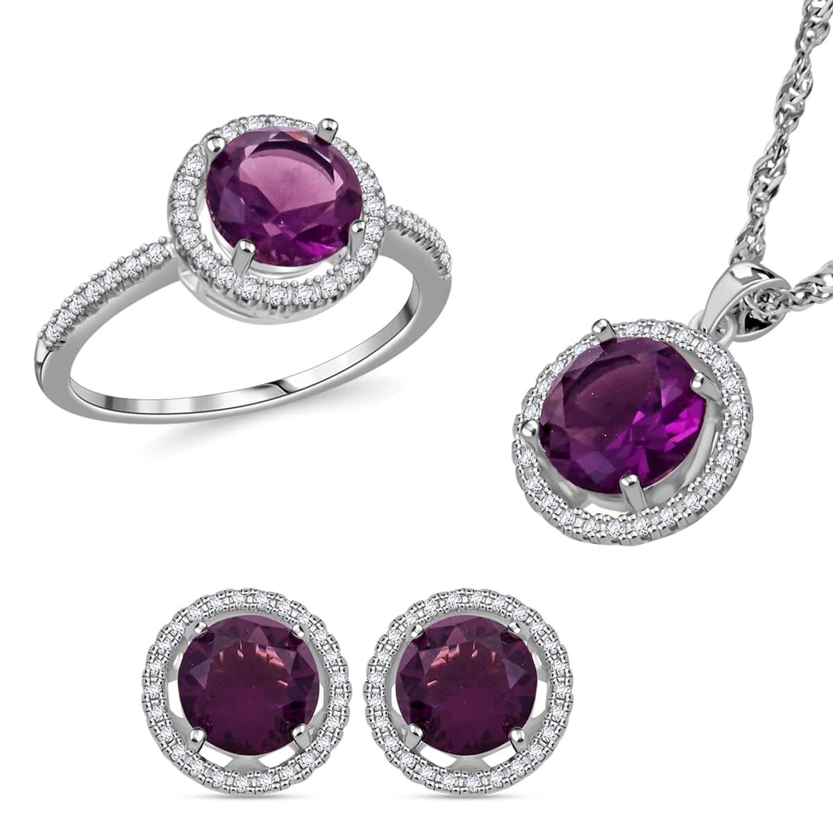 Amethyst and Simulated Diamond 9.00 ctw Ring (Size 9.0), Earrings, Pendant Necklace in Silvertone 18 Inches image number 0