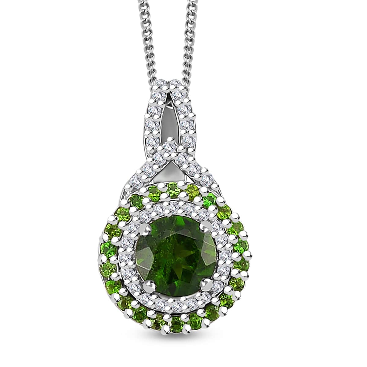 Chrome Diopside and White Zircon 0.80 ctw Double Halo Pendant Necklace 20 Inches in Platinum and Rhodium Over Sterling Silver  image number 0