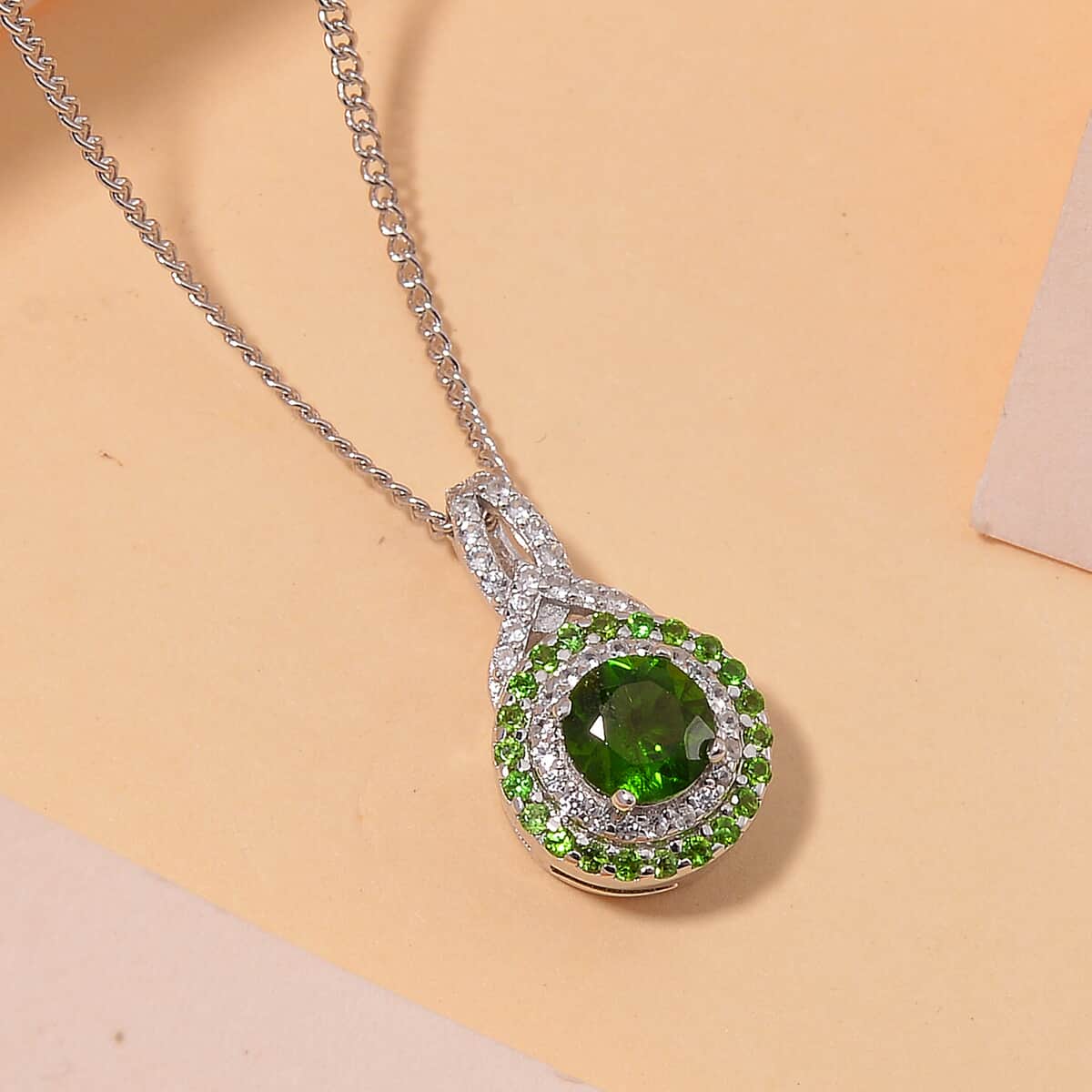 Chrome Diopside and White Zircon 0.80 ctw Double Halo Pendant Necklace 20 Inches in Platinum and Rhodium Over Sterling Silver  image number 1