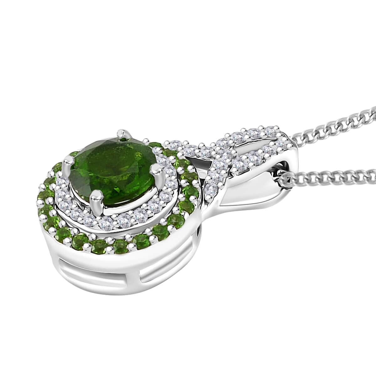 Chrome Diopside and White Zircon 0.80 ctw Double Halo Pendant Necklace 20 Inches in Platinum and Rhodium Over Sterling Silver  image number 3