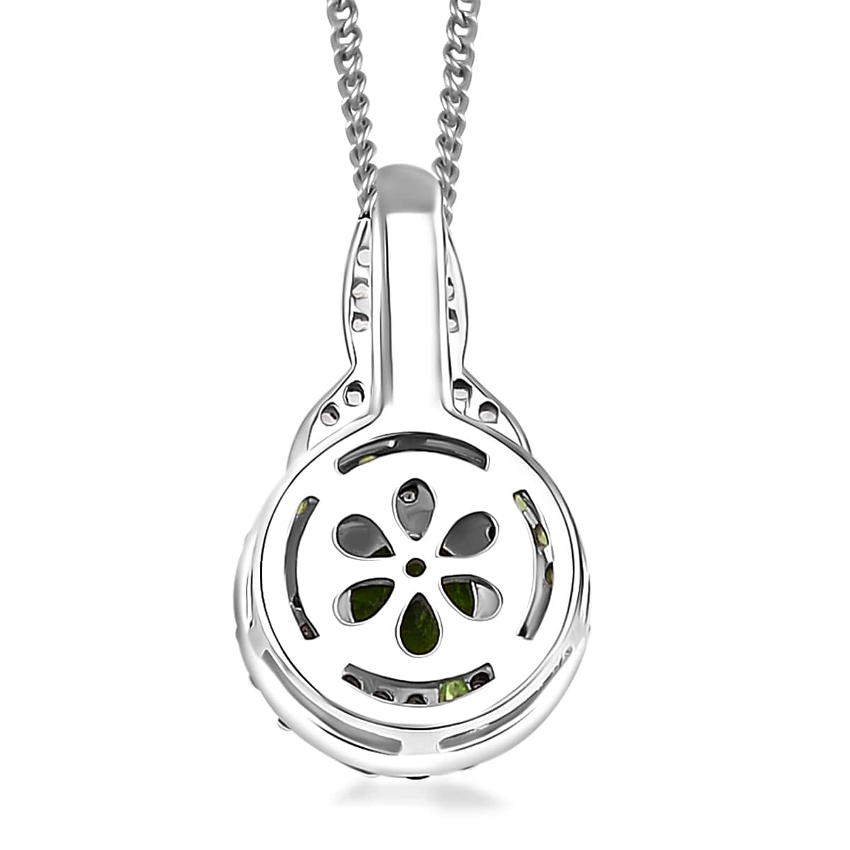 Chrome Diopside and White Zircon 0.80 ctw Double Halo Pendant Necklace 20 Inches in Platinum and Rhodium Over Sterling Silver  image number 4