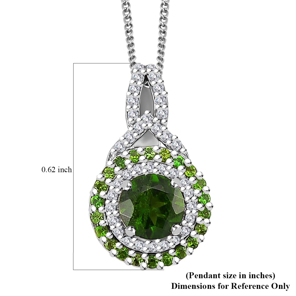 Chrome Diopside and White Zircon 0.80 ctw Double Halo Pendant Necklace 20 Inches in Platinum and Rhodium Over Sterling Silver  image number 6