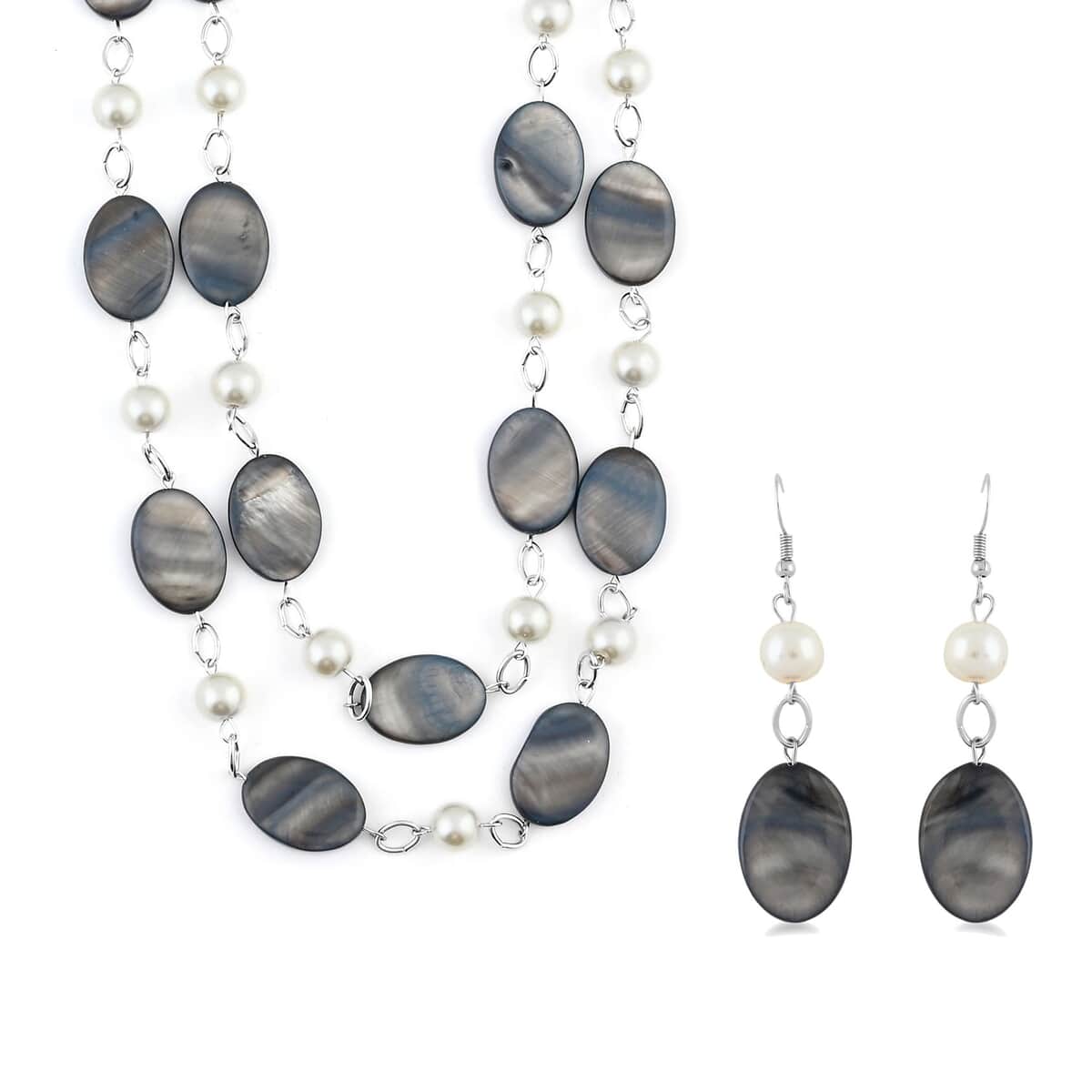 Grey Mother Of Pearl and White Pearl Double Strand Necklace and Earrings in Silvertone 36 Inches image number 0