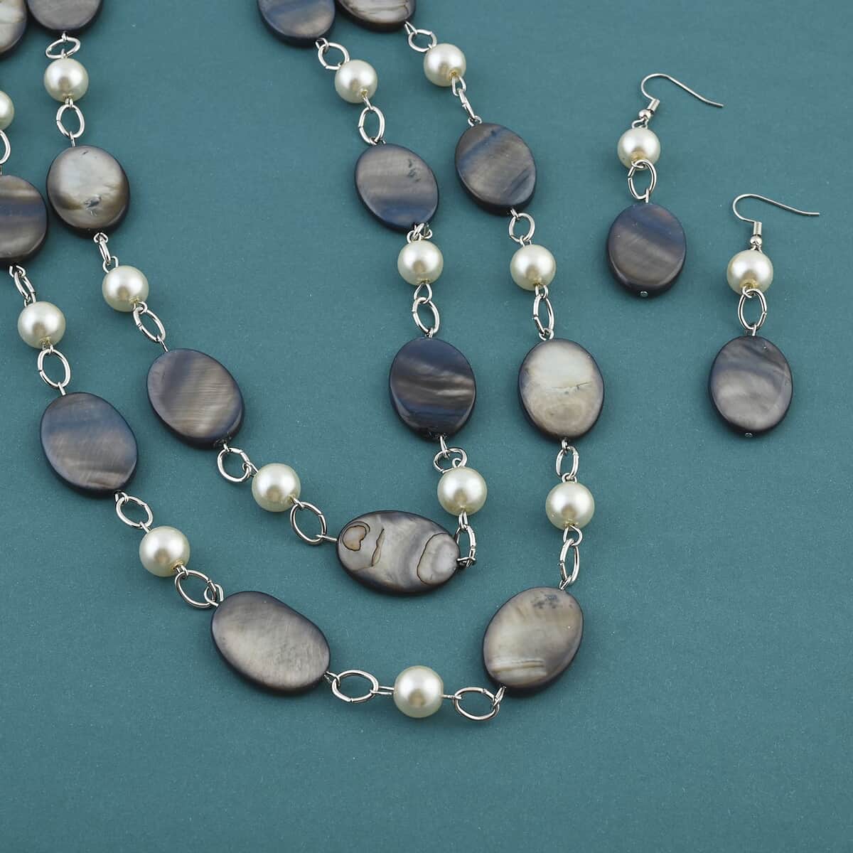 Grey Mother Of Pearl and White Pearl Double Strand Necklace and Earrings in Silvertone 36 Inches image number 1