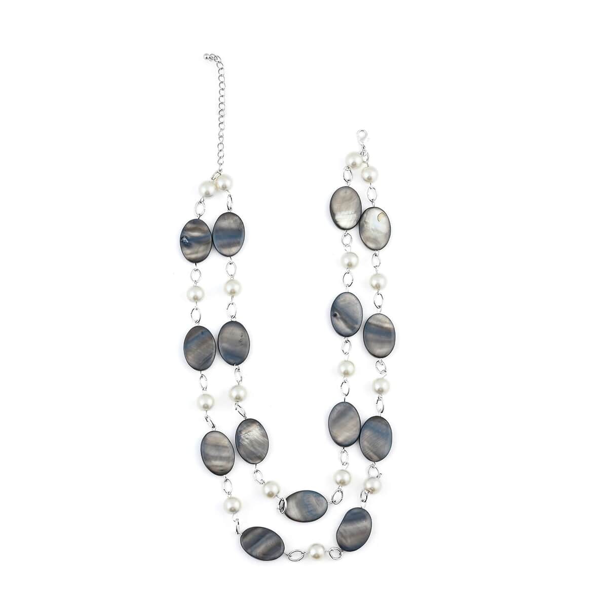 Grey Mother Of Pearl and White Pearl Double Strand Necklace and Earrings in Silvertone 36 Inches image number 2