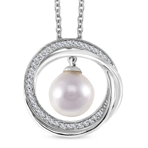 White Shell Pearl and Simulated Diamond 0.25 ctw Pendant in Silvertone with Stainless Steel Necklace 20 Inches