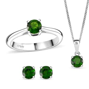 Chrome Diopside 2.20 ctw Stud Earrings, Solitaire Ring Size 5 and Pendant Necklace 20 Inches in Platinum and Rhodium Over Sterling Silver 