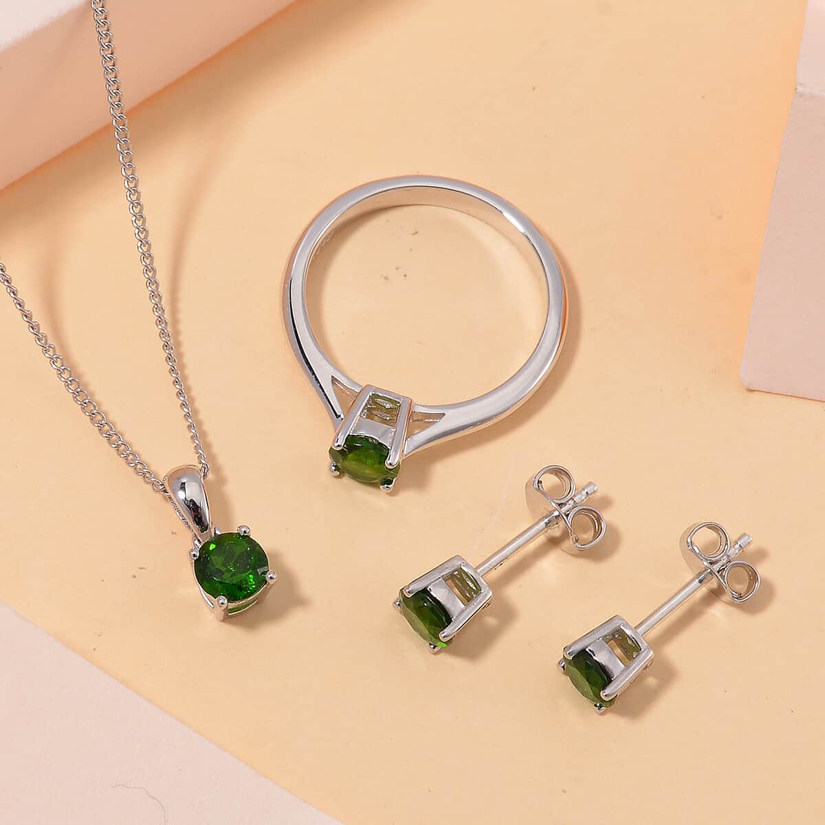 Chrome Diopside 2.20 ctw Stud Earrings, Solitaire Ring Size 5 and Pendant Necklace 20 Inches in Platinum and Rhodium Over Sterling Silver  image number 1