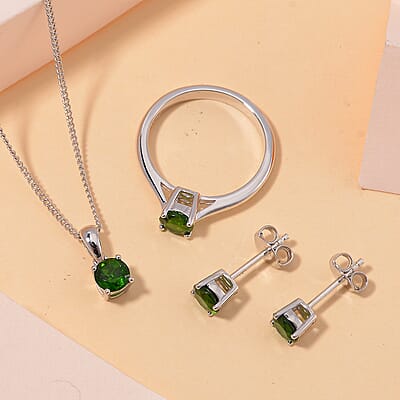 Chrome Diopside 2.20 ctw Stud Earrings, Solitaire Ring Size 5 and Pendant Necklace 20 Inches in Platinum and Rhodium Over Sterling Silver 