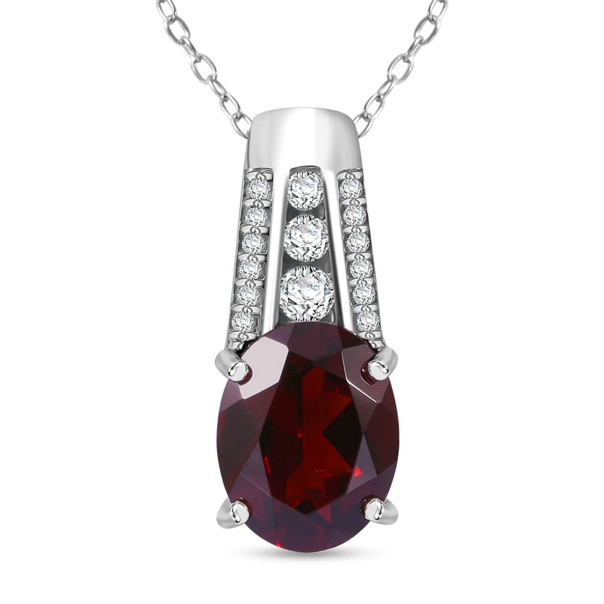 Mozambique Garnet and White Zircon 3.25 ctw Statement Pendant in Rhodium Over Sterling Silver with Stainless Steel Necklace 18 Inches image number 0