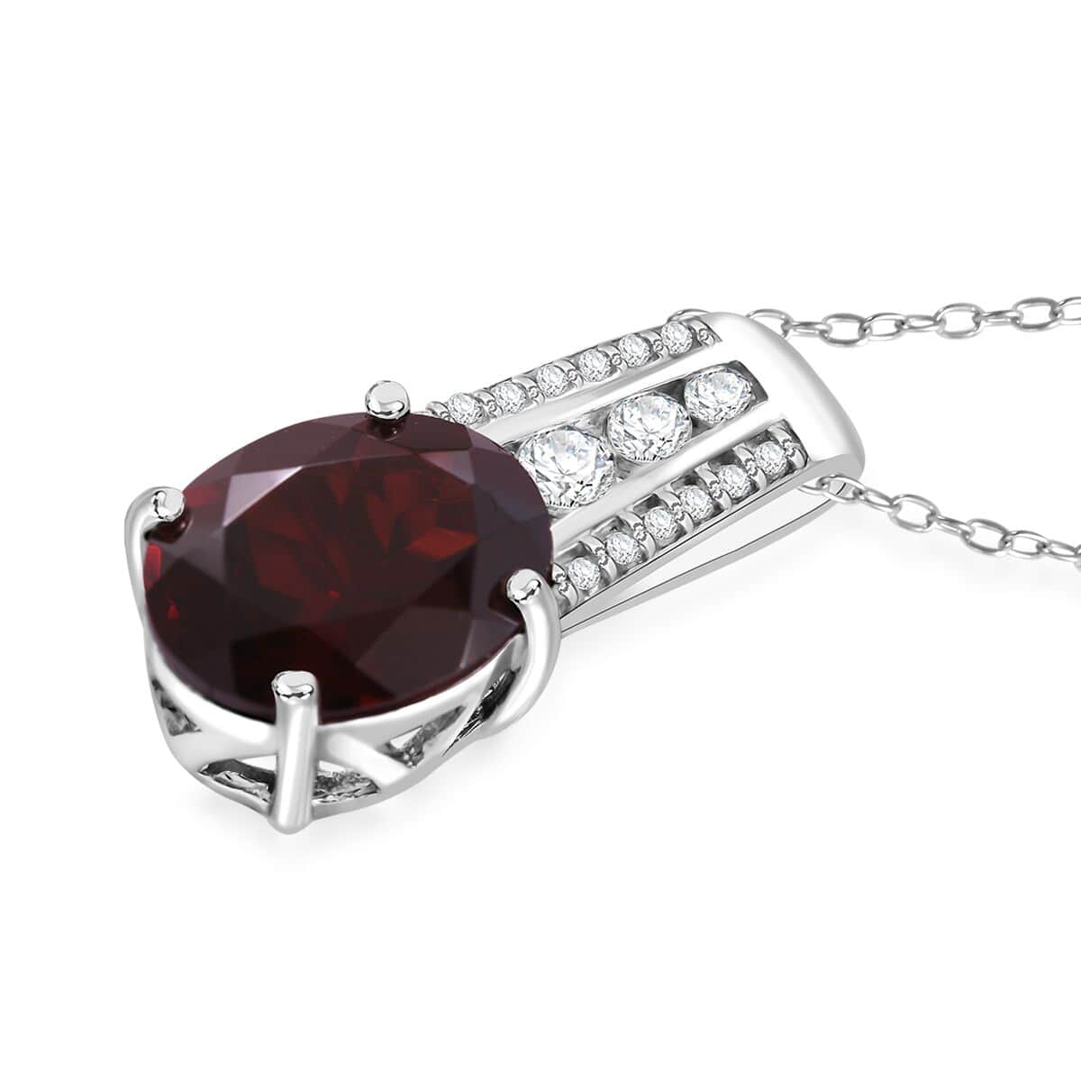 Mozambique Garnet and White Zircon 3.25 ctw Statement Pendant in Rhodium Over Sterling Silver with Stainless Steel Necklace 18 Inches image number 2