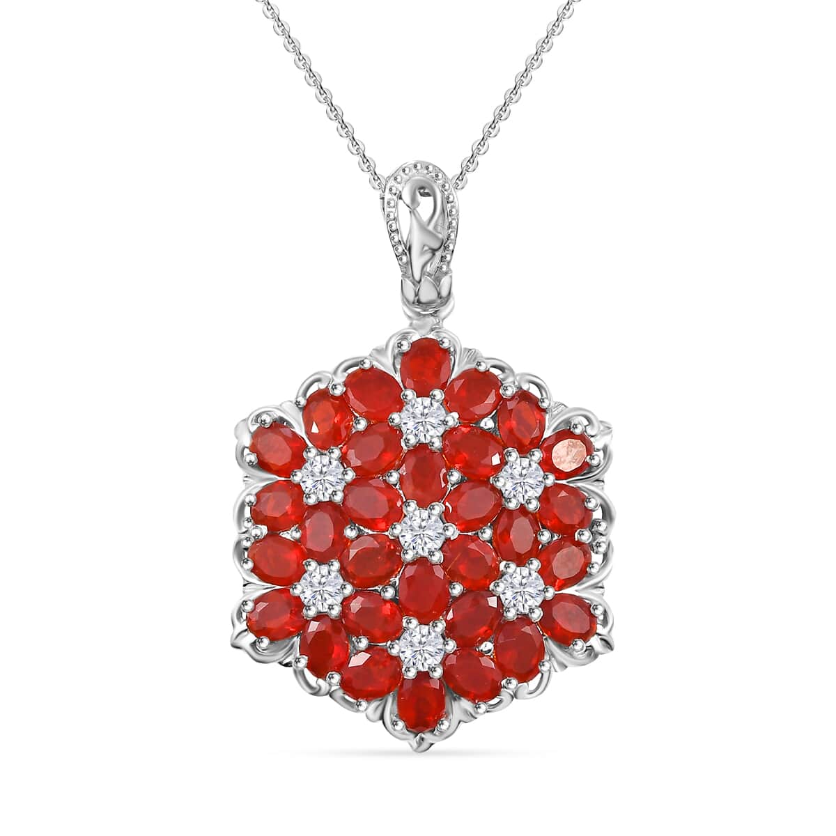 Mexican Cherry Fire Opal and Moissanite 4.10 ctw Bunch of Flowers Pendant Necklace in Rhodium Over Sterling Silver 20 Inches image number 0