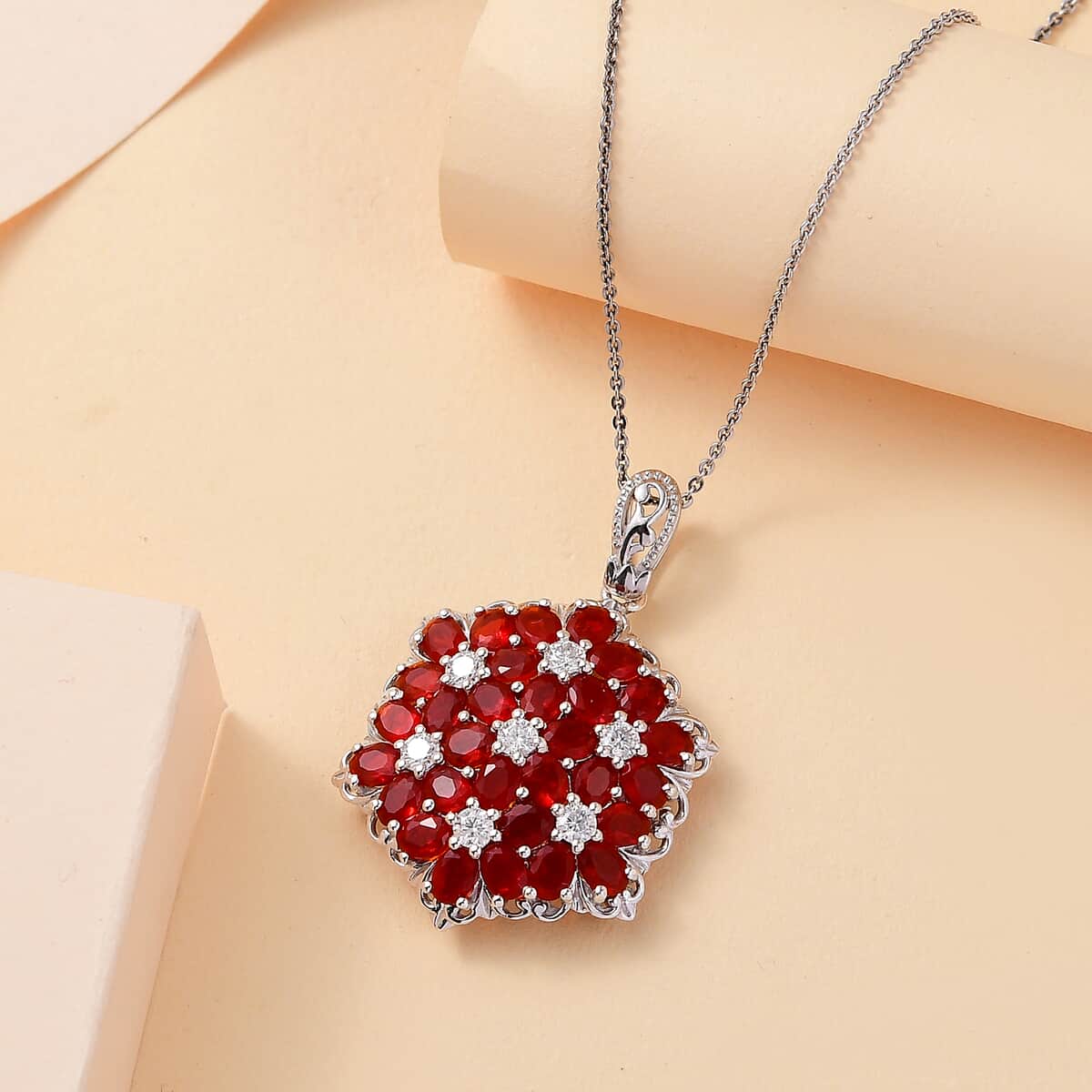 Mexican Cherry Fire Opal and Moissanite 4.10 ctw Bunch of Flowers Pendant Necklace in Rhodium Over Sterling Silver 20 Inches image number 1