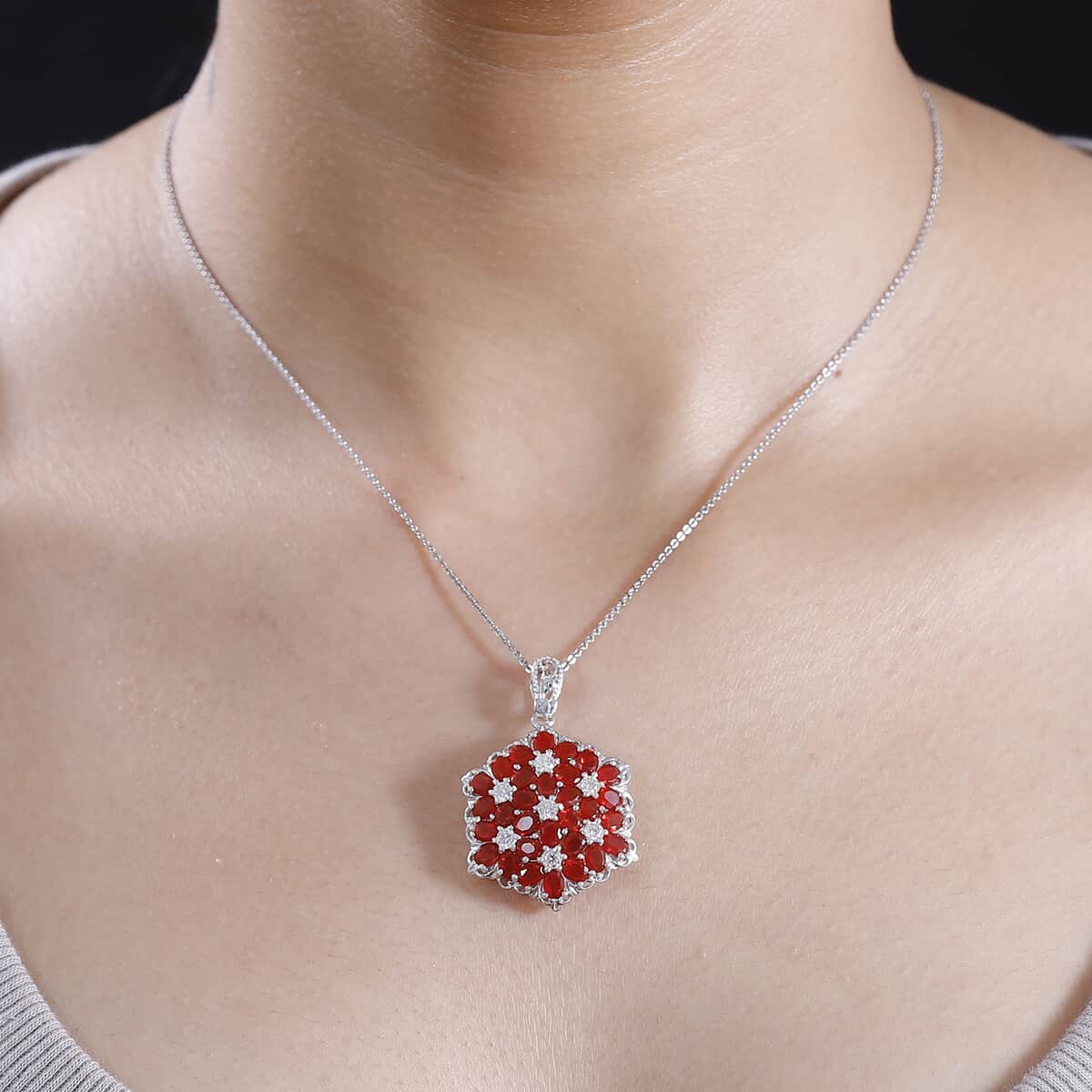 Mexican Cherry Fire Opal and Moissanite 4.10 ctw Bunch of Flowers Pendant Necklace in Rhodium Over Sterling Silver 20 Inches image number 2