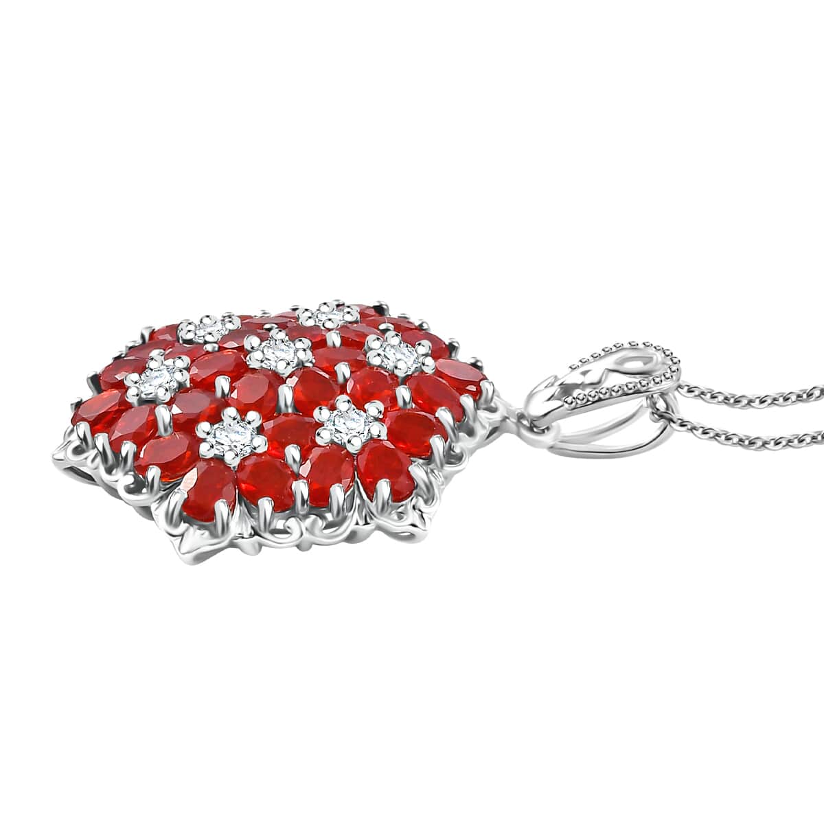 Mexican Cherry Fire Opal and Moissanite 4.10 ctw Bunch of Flowers Pendant Necklace in Rhodium Over Sterling Silver 20 Inches image number 3