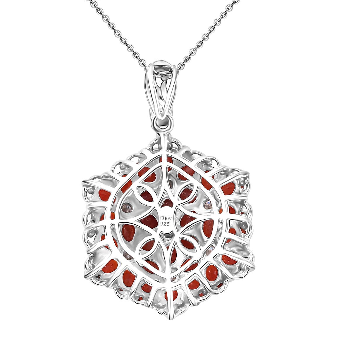 Mexican Cherry Fire Opal and Moissanite 4.10 ctw Bunch of Flowers Pendant Necklace in Rhodium Over Sterling Silver 20 Inches