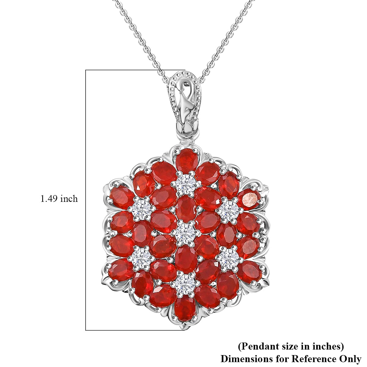 Mexican Cherry Fire Opal and Moissanite 4.10 ctw Bunch of Flowers Pendant Necklace in Rhodium Over Sterling Silver 20 Inches