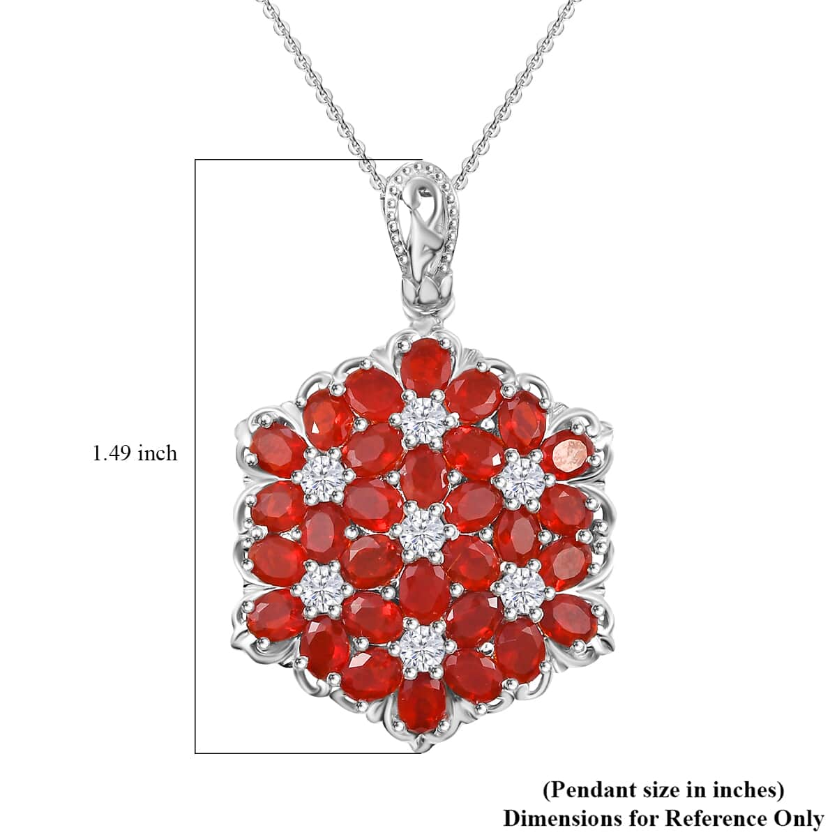 Mexican Cherry Fire Opal and Moissanite 4.10 ctw Bunch of Flowers Pendant Necklace in Rhodium Over Sterling Silver 20 Inches image number 5