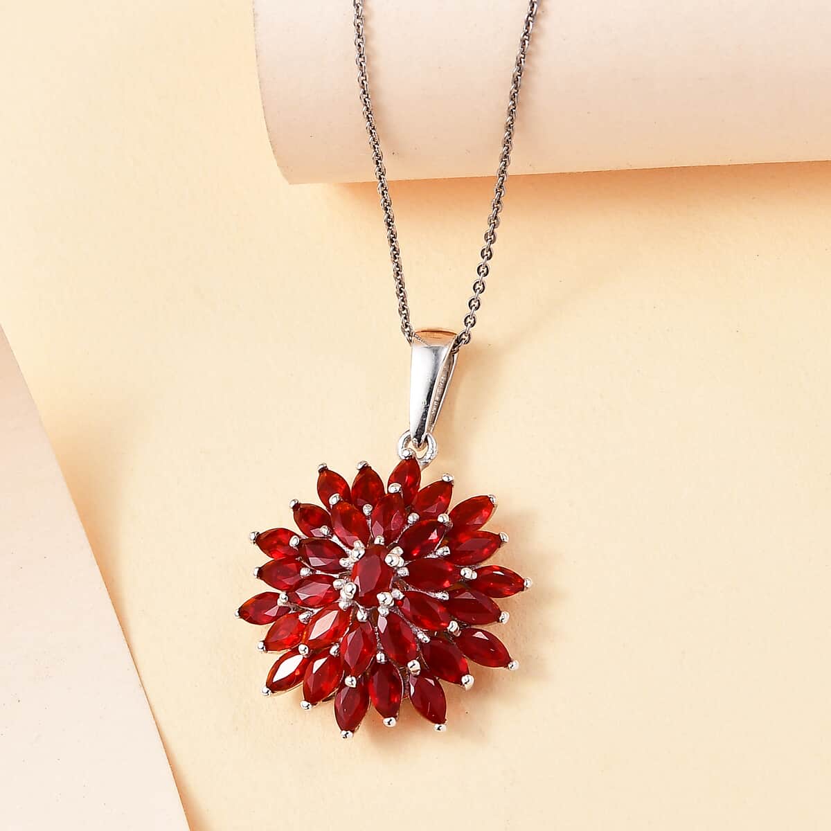 Mexican Cherry Fire Opal 3.20 ctw Fiery Blossom Pendant Necklace in Rhodium Over Sterling Silver 20 Inches image number 1