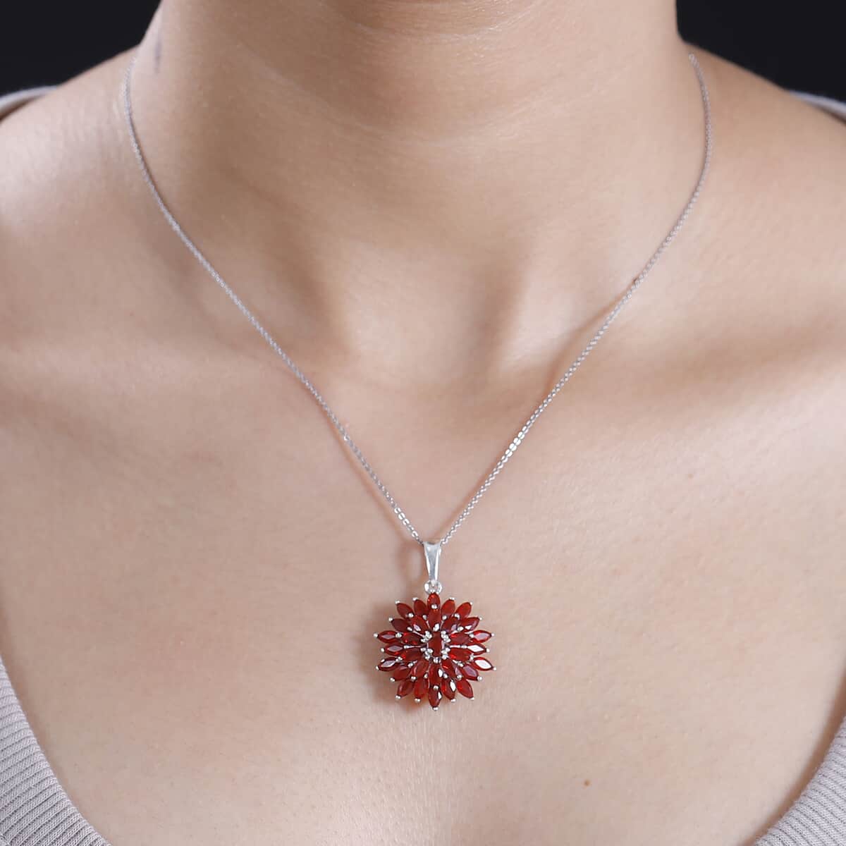 Mexican Cherry Fire Opal 3.20 ctw Fiery Blossom Pendant Necklace in Rhodium Over Sterling Silver 20 Inches image number 2